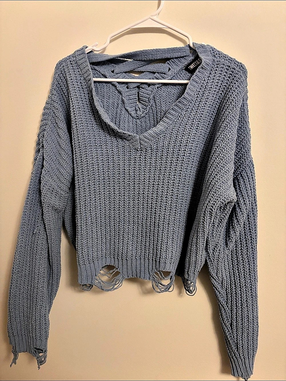 Sweet and sinful Distressed Knit Lace-Up Sweater in Blue XL